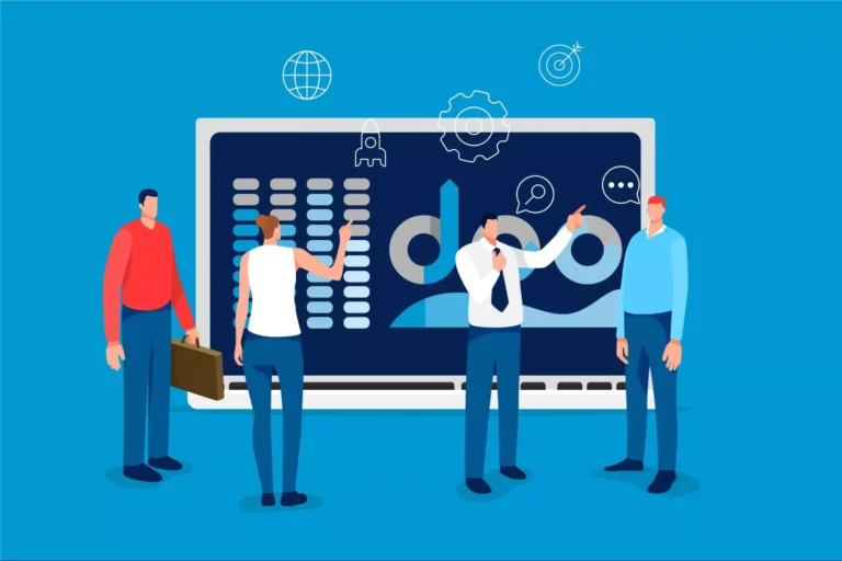 Illustration of four employees looking at the workflow automation software.