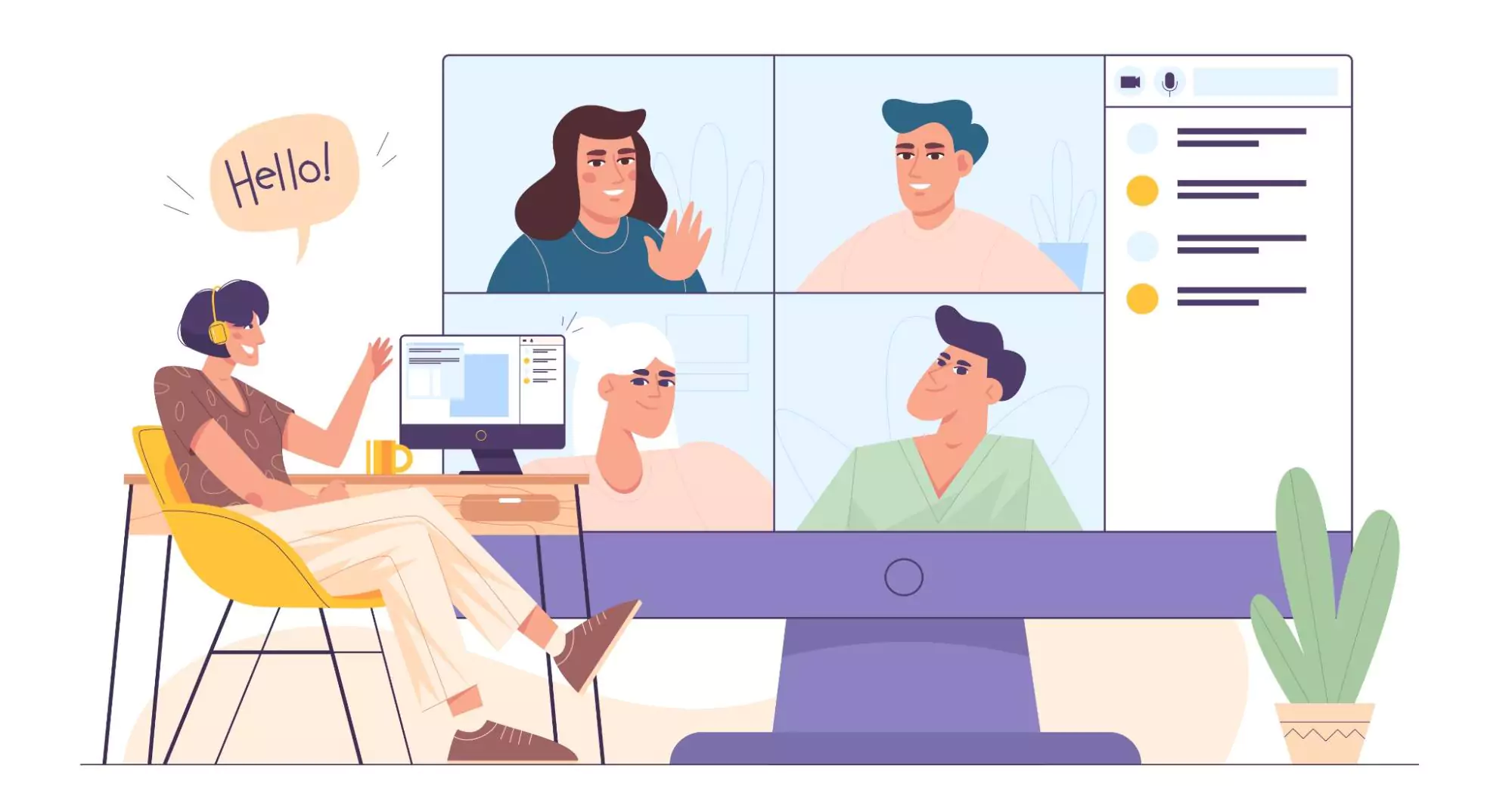 Illustration of remote workers communicating with each other online.