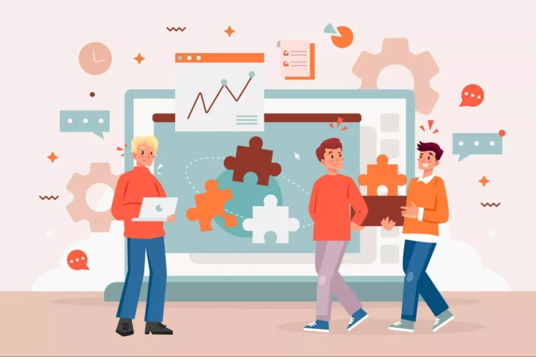 Illustration of a team working with collaborative productivity software.