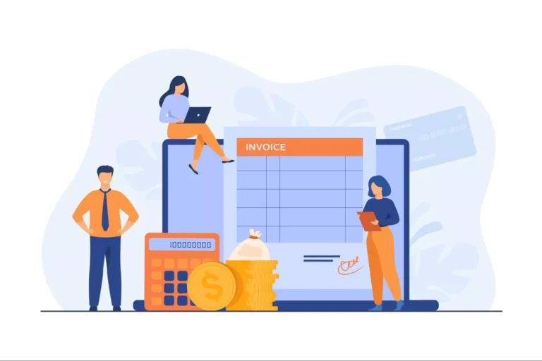 Illustration of small business employees doing expense tracking.