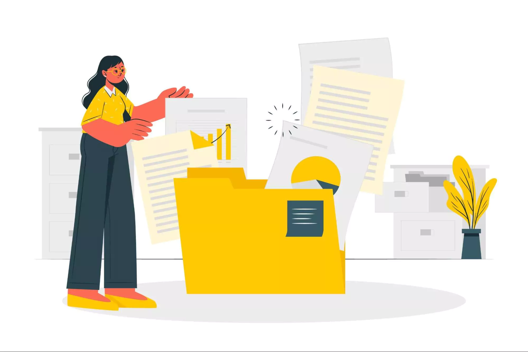 Illustration of an employee working with a bad file management system.