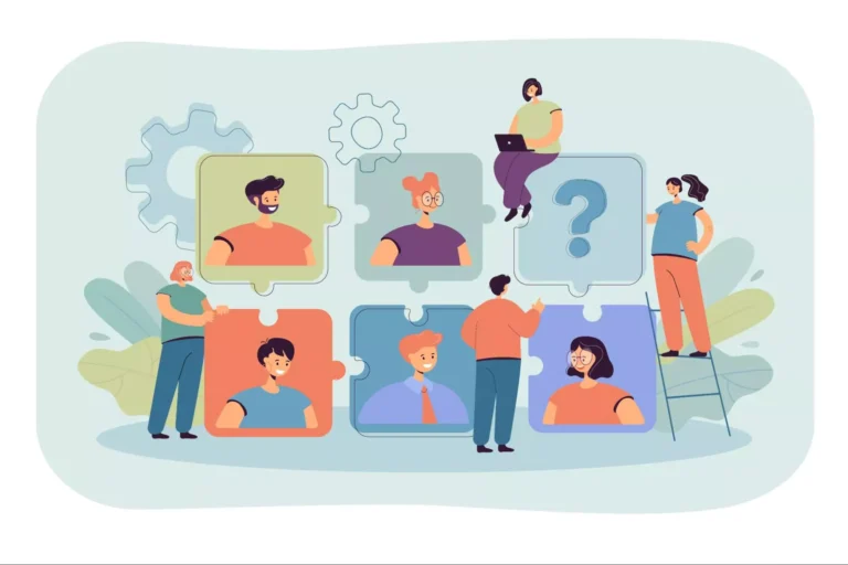 Illustration of HR specialists and team leaders collaborating to assign tasks and build a productive team, using puzzle pieces with employee portraits to represent delegation and role assignment.