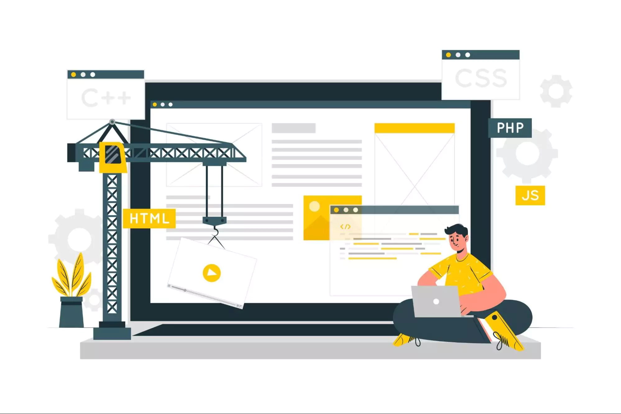 illustration of web development for digital construction tools, software solutions for managing construction projects, and building industry-specific management platforms.