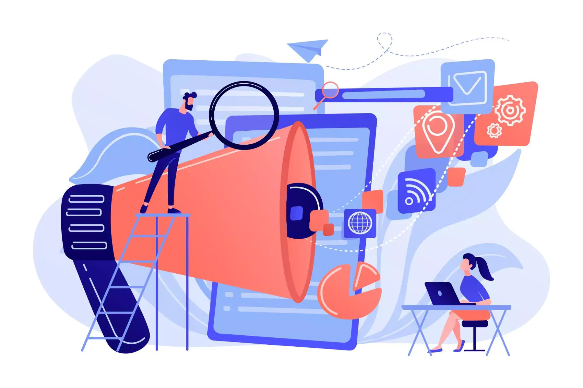 Person using a magnifying glass on a giant loudspeaker surrounded by digital icons, showing data-driven strategies for how to market your business effectively and promote services for agencies.