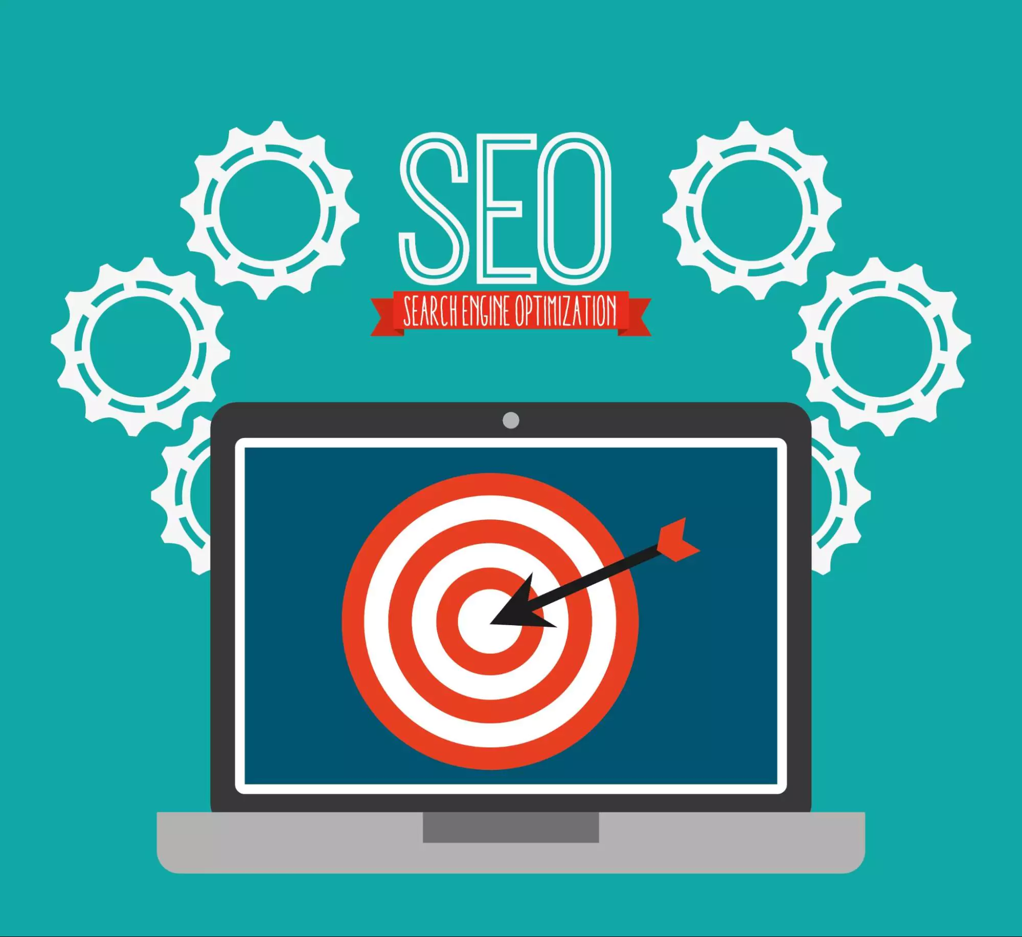 Target on a laptop screen with an arrow hitting the bullseye, surrounded by gear icons and labeled “SEO,” illustrating how to market your business through search engine optimization for agencies.