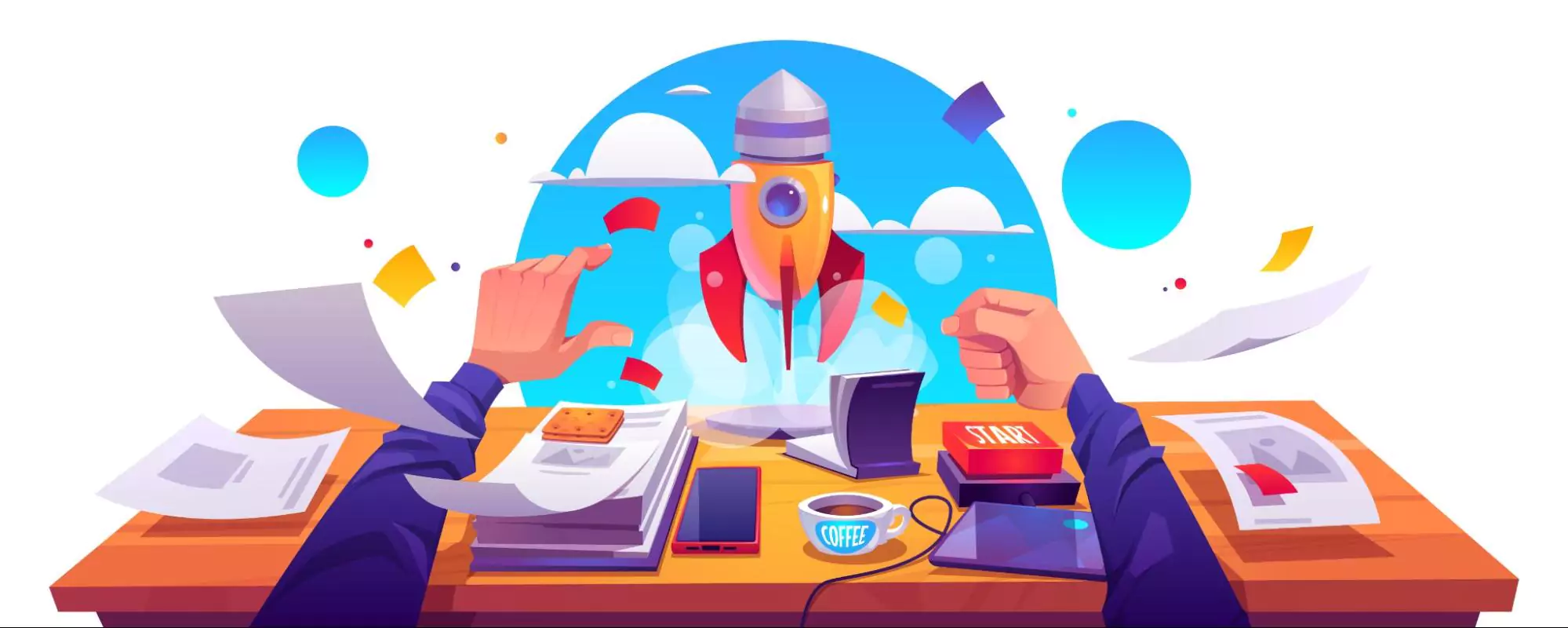 A person at a desk with a rocket model, symbolizing innovative marketing strategies for agencies and business growth.