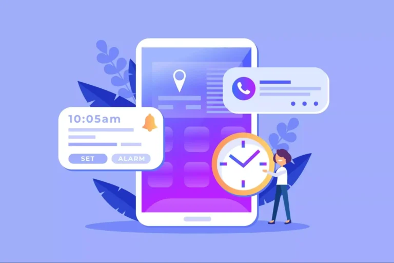 Illustration of a large smartphone with clock and alarm interface, a woman setting a reminder — symbolizing time management with the best free apps for productivity and free productivity tools.