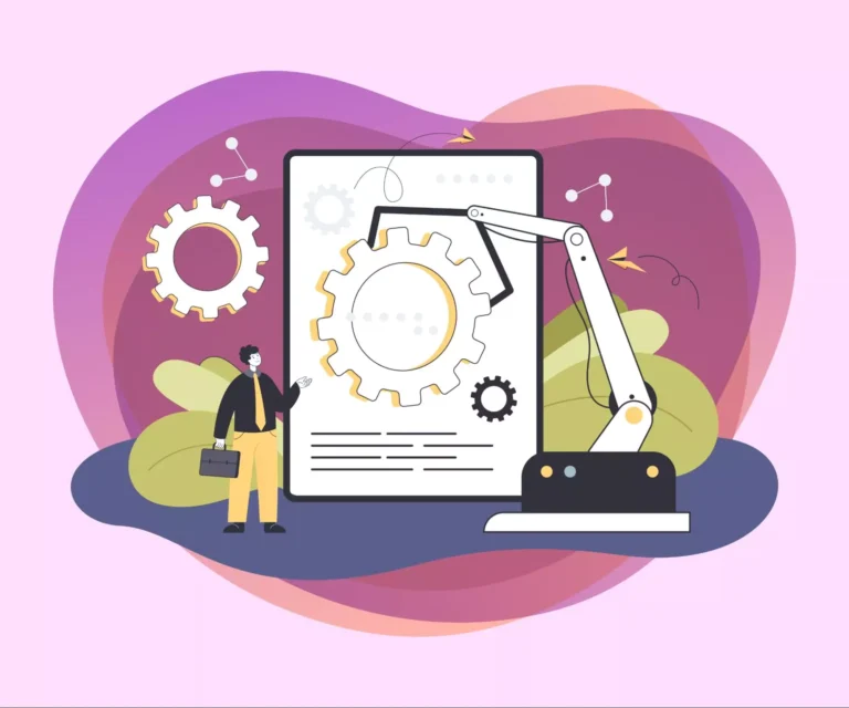 Abstract illustration of a man interacting with a robotic arm and mechanical gears, symbolizing automation and brain-based productivity techniques. Represents the application of cutting-edge productivity methods in digital workflows.