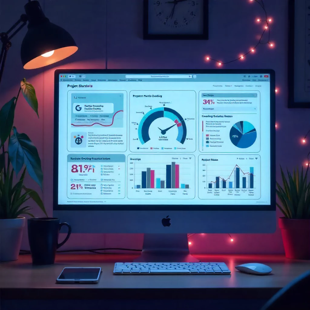 Digital illustration of a project scheduling software checklist showing task dependencies, workload heatmaps, performance tracking charts, client approval workflows, AI scheduling suggestions, and scenario simulations, designed for evaluating tools with long-term ROI.