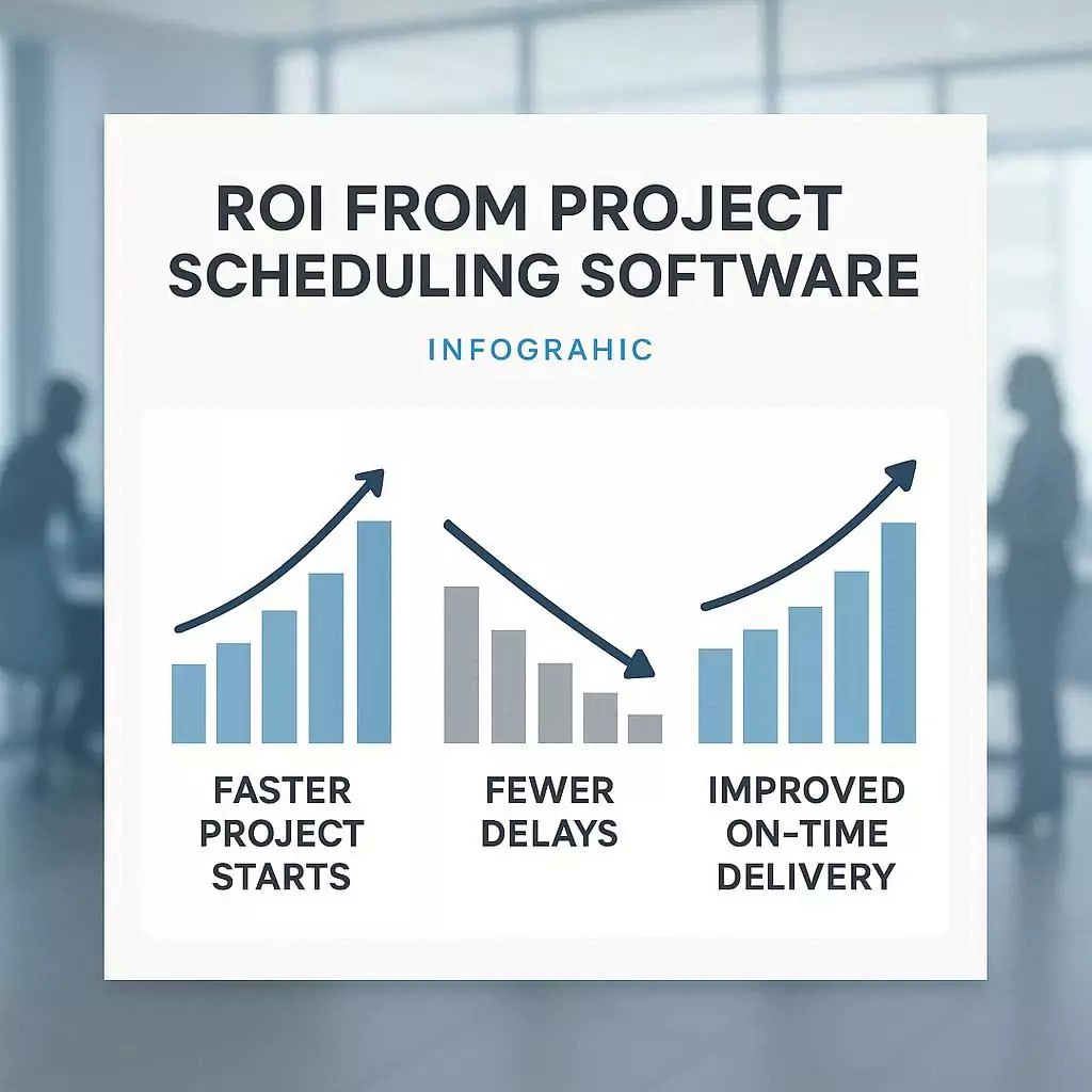 Infographic of project scheduling software ROI with charts showing faster project starts, fewer delays, and improved on-time delivery for agencies.
