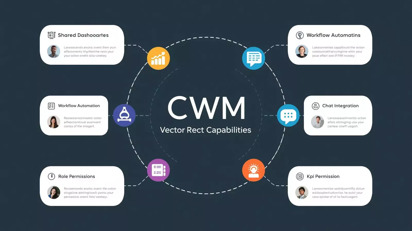 Vector icons representing shared dashboards, workflow automation, chat, permissions, and KPI tracking in CWM platforms.