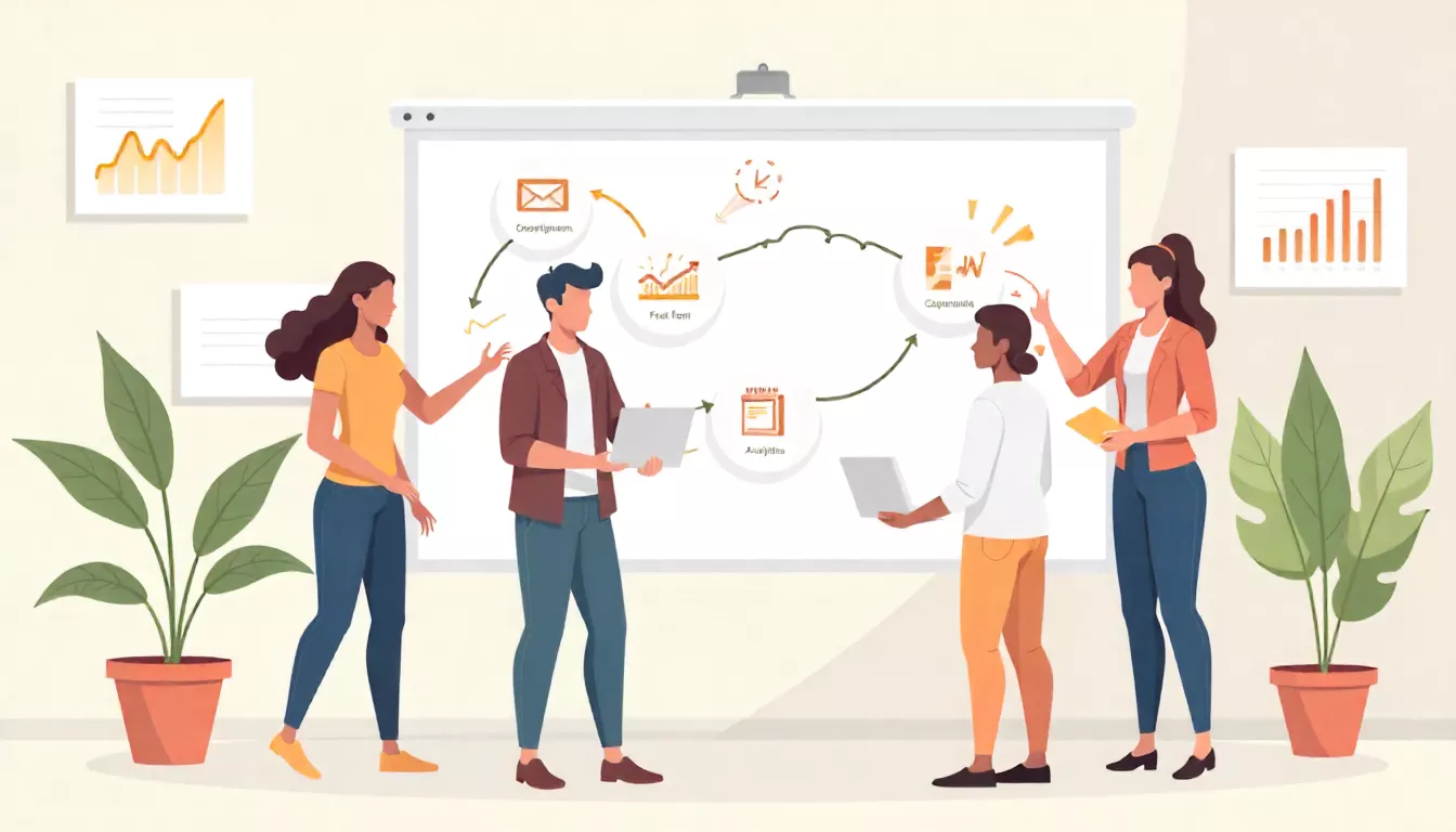 Vector illustration of a marketing team collaborating on an automation workflow diagram with connected marketing icons and data charts.