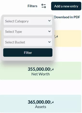 Screenshot of Siddhify's net worth tracker showing Category, Type, and Bucket filters, “add a new entry”, and “download the PDF” options.