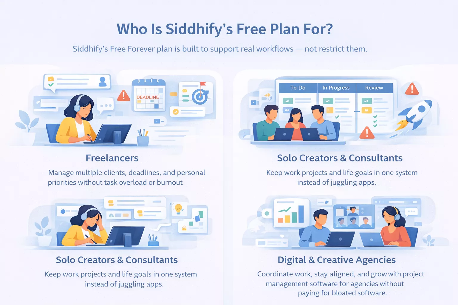 Vector illustration showing who Siddhify’s free project management plan is for, including freelancers, solo creators, digital agencies, and remote teams managing work and personal goals.